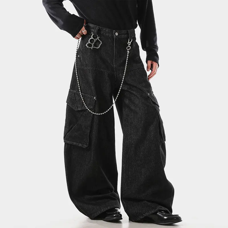 IEFB American Style Men's Denim Pants Solid Color Multi Pockets Curved Knife Trousers Wide Leg Loose Male Jeans Stylish 9W4312