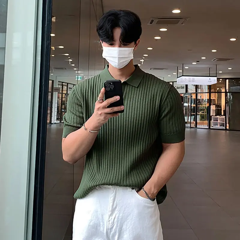 IEFB Korean Style Men's T-shirts Tunr-down Collar Solid Color Knitting Short Sleeved Casual Ice Silk Loose Male Tees New 9W2914