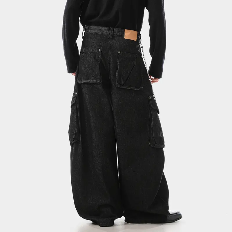 IEFB American Style Men's Denim Pants Solid Color Multi Pockets Curved Knife Trousers Wide Leg Loose Male Jeans Stylish 9W4312