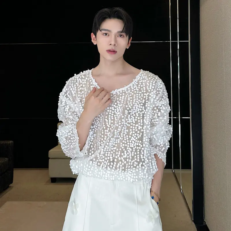 IEFB Fashion Men's Tees Round Collar Sequins Decoration Niche Design Long Sleeved Casual Pullover Mesh Hollow Out T-shirt 9W4064