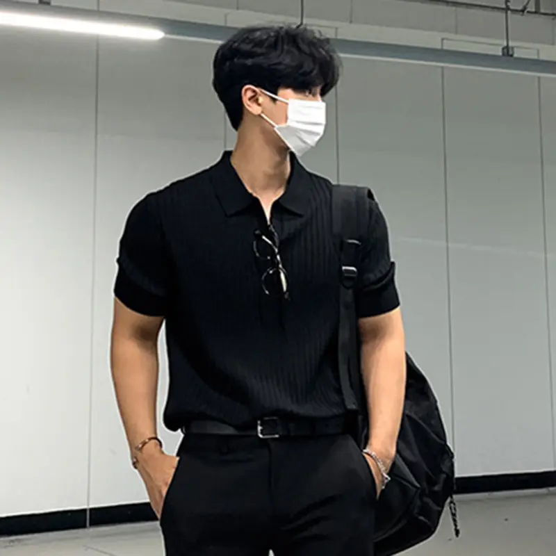 IEFB Korean Style Men's T-shirts Tunr-down Collar Solid Color Knitting Short Sleeved Casual Ice Silk Loose Male Tees New 9W2914