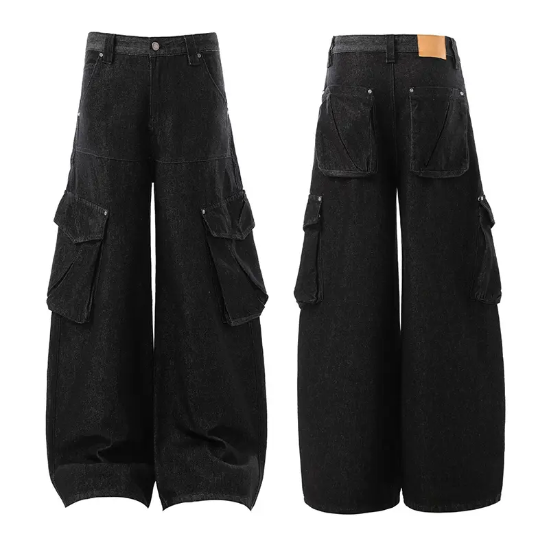 IEFB American Style Men's Denim Pants Solid Color Multi Pockets Curved Knife Trousers Wide Leg Loose Male Jeans Stylish 9W4312