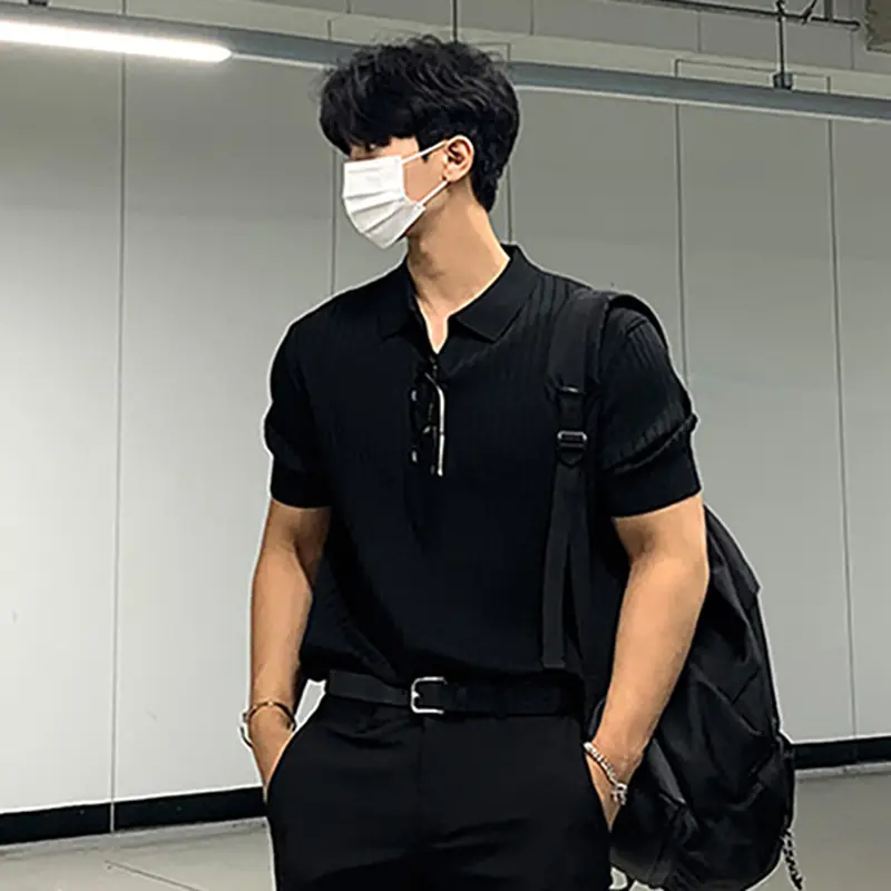 IEFB Korean Style Men's T-shirts Tunr-down Collar Solid Color Knitting Short Sleeved Casual Ice Silk Loose Male Tees New 9W2914