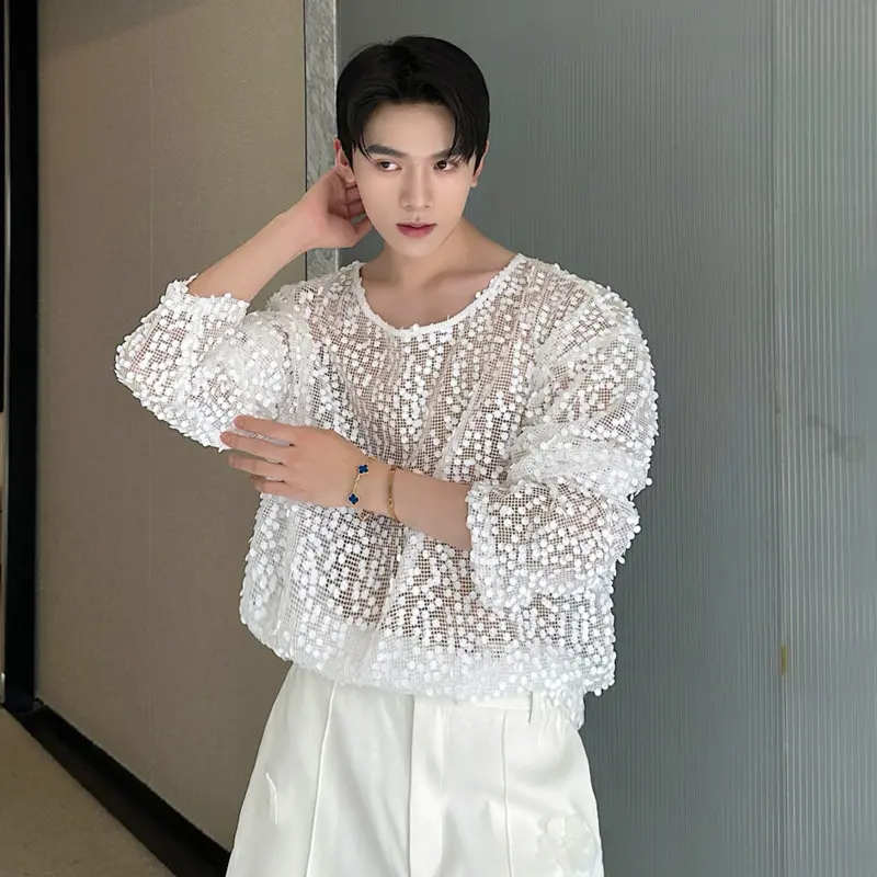 IEFB Fashion Men's Tees Round Collar Sequins Decoration Niche Design Long Sleeved Casual Pullover Mesh Hollow Out T-shirt 9W4064