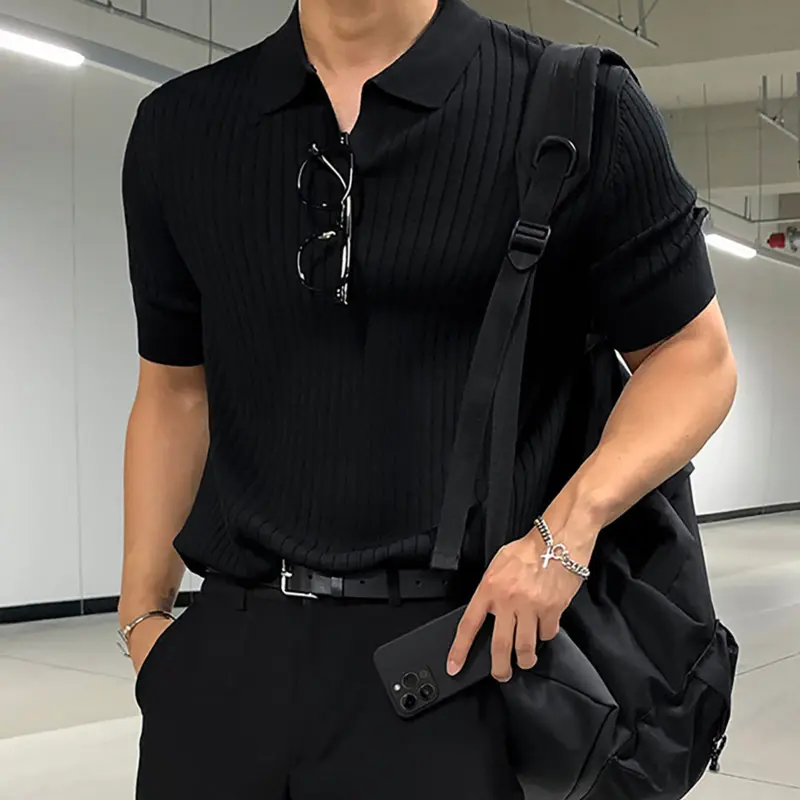 IEFB Korean Style Men's T-shirts Tunr-down Collar Solid Color Knitting Short Sleeved Casual Ice Silk Loose Male Tees New 9W2914