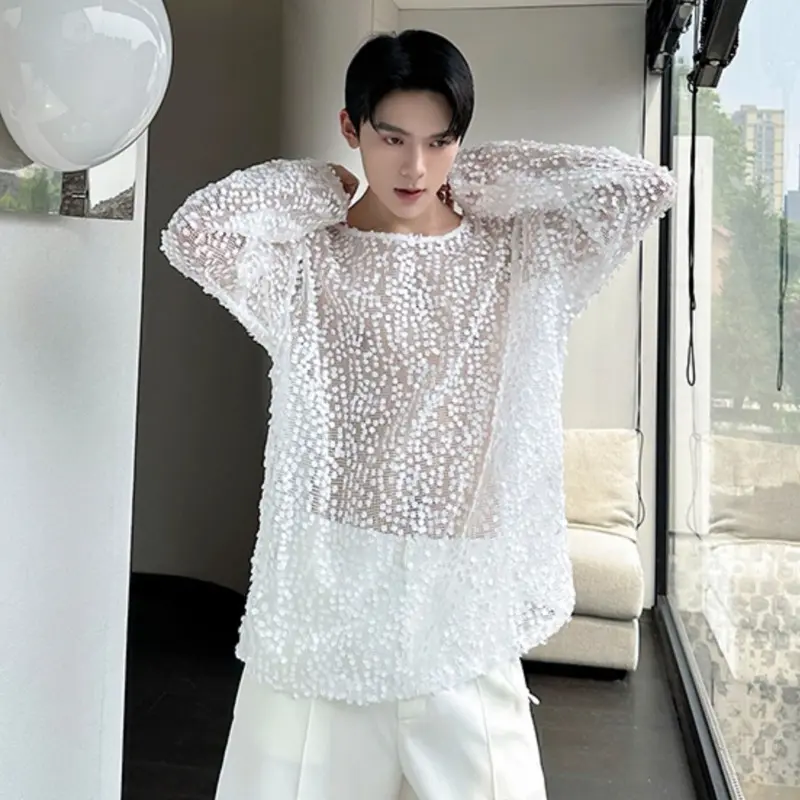 IEFB Fashion Men's Tees Round Collar Sequins Decoration Niche Design Long Sleeved Casual Pullover Mesh Hollow Out T-shirt 9W4064