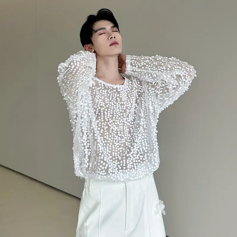 IEFB Fashion Men's Tees Round Collar Sequins Decoration Niche Design Long Sleeved Casual Pullover Mesh Hollow Out T-shirt 9W4064