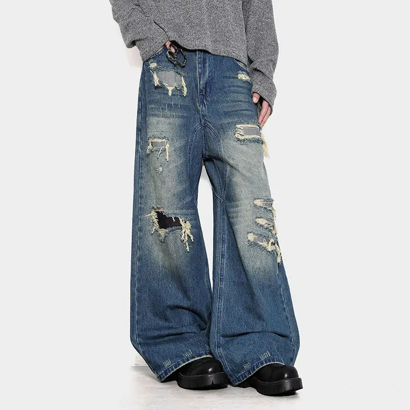 IEFB American Style Men Denim Trousers Holes Design Patch Jeans Contrast Color Washed Straight Leg All-match Male Bottom 9W4327