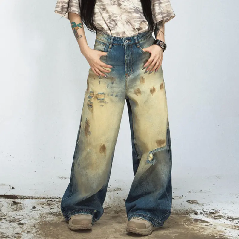 IEFB Baggy Trousers Men's Wear High Street Yellow Mud Dyed Ripped Straight Jeans Washed Retro Loose Wide Leg Denim Pants 9W3934