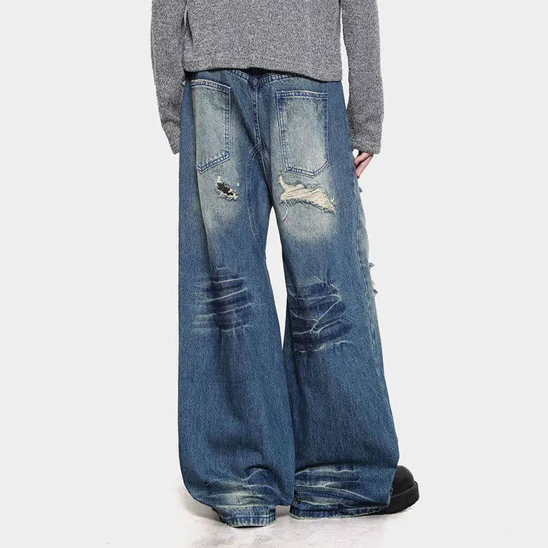 IEFB American Style Men Denim Trousers Holes Design Patch Jeans Contrast Color Washed Straight Leg All-match Male Bottom 9W4327