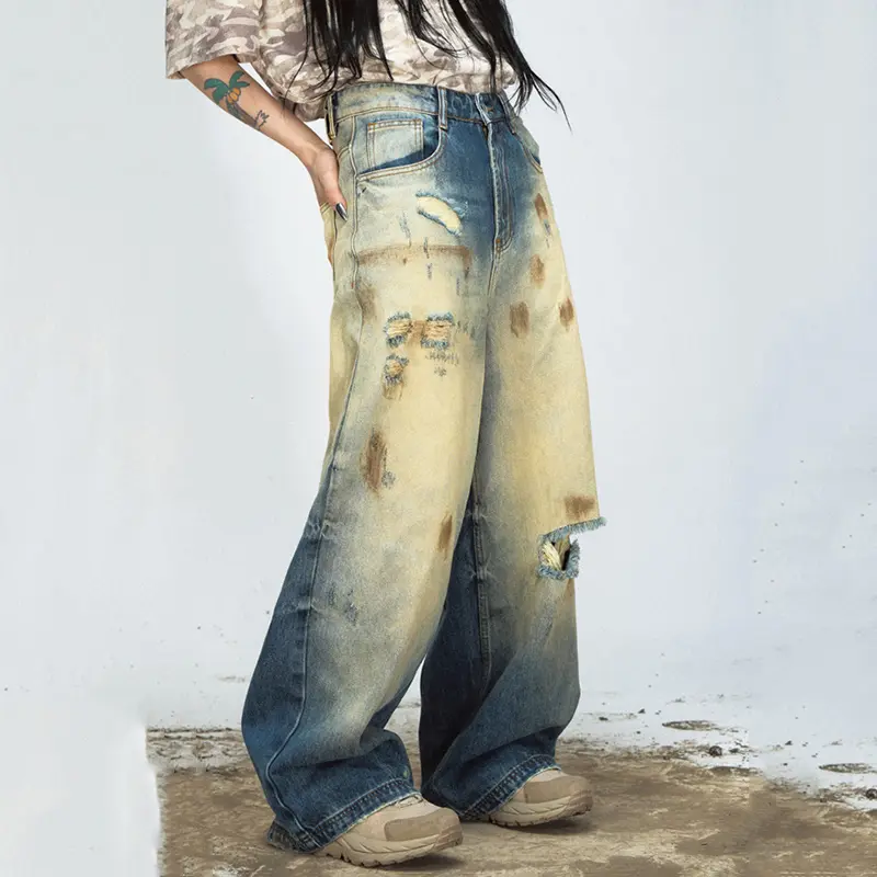 IEFB Baggy Trousers Men's Wear High Street Yellow Mud Dyed Ripped Straight Jeans Washed Retro Loose Wide Leg Denim Pants 9W3934