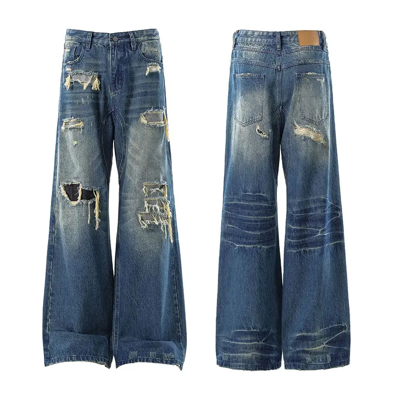 IEFB American Style Men Denim Trousers Holes Design Patch Jeans Contrast Color Washed Straight Leg All-match Male Bottom 9W4327