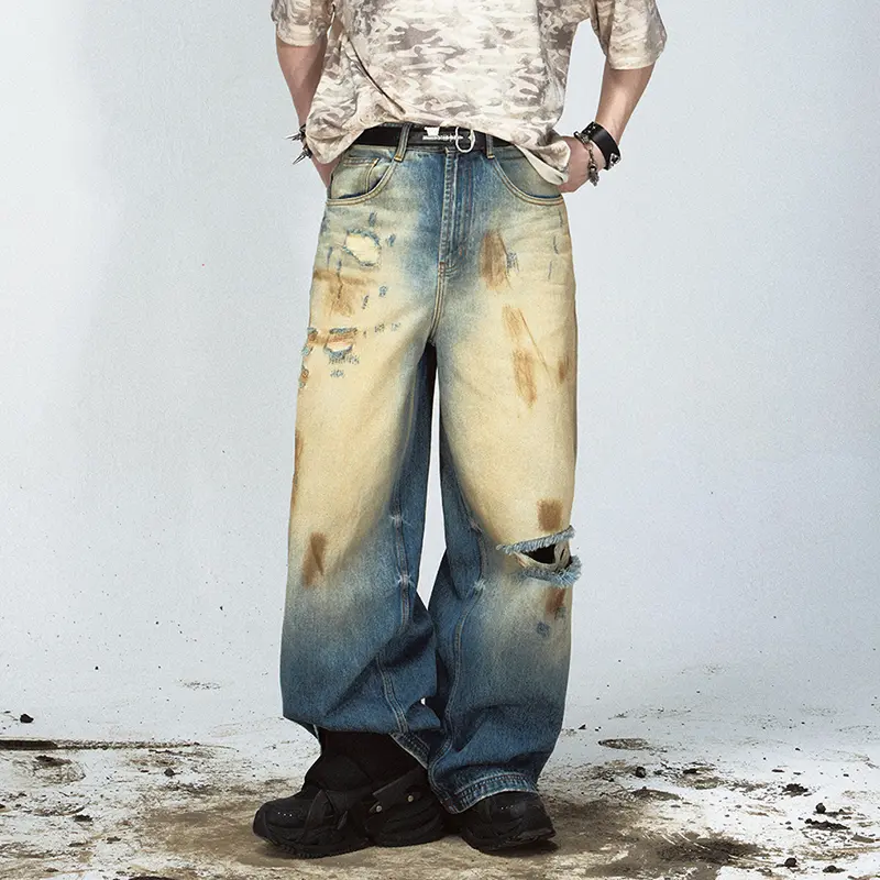 IEFB Baggy Trousers Men's Wear High Street Yellow Mud Dyed Ripped Straight Jeans Washed Retro Loose Wide Leg Denim Pants 9W3934