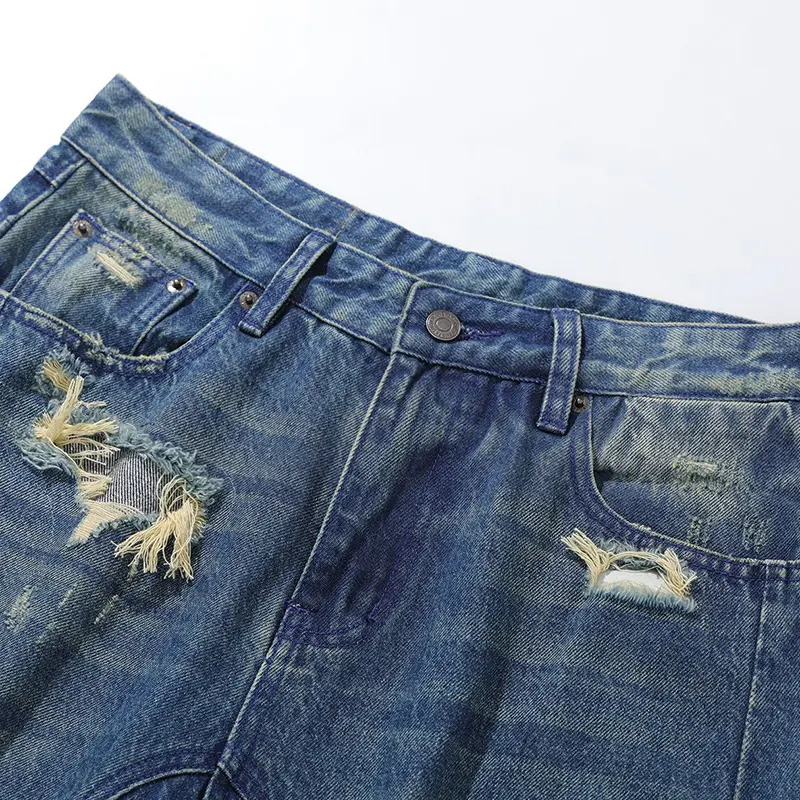 IEFB American Style Men Denim Trousers Holes Design Patch Jeans Contrast Color Washed Straight Leg All-match Male Bottom 9W4327