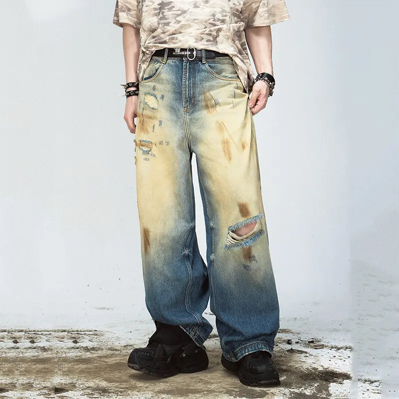 IEFB Baggy Trousers Men's Wear High Street Yellow Mud Dyed Ripped Straight Jeans Washed Retro Loose Wide Leg Denim Pants 9W3934