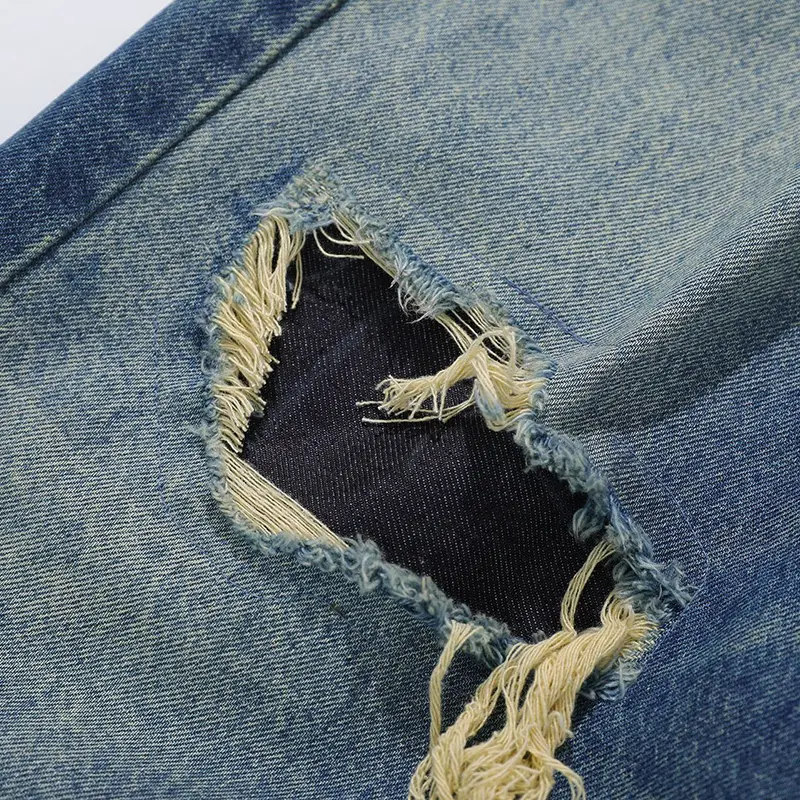 IEFB American Style Men Denim Trousers Holes Design Patch Jeans Contrast Color Washed Straight Leg All-match Male Bottom 9W4327