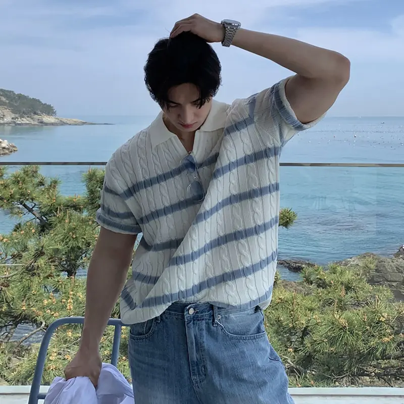 IEFB Niche Design Men's Tees Lapel Striped Contrast Color Knitting Casual Short Sleeved Loose Male Ice Silk T-shirts Tide 9W4262