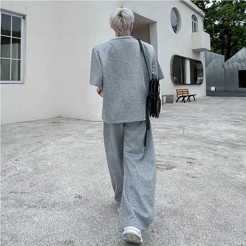 IEFB Single Breasted Men's Sets Diamond Design O-neck Short Sleeve Sweatshirt Elastic Waist Drawstring Male Bottom Summer 9W2599