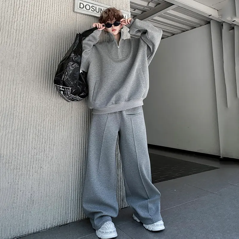 IEFB Simple Men's Two-piece Stand Collar Solid Color Half Zipper Pocket Sweatshirts Drawstring Wide Leg Loose Male Pants 9W4175