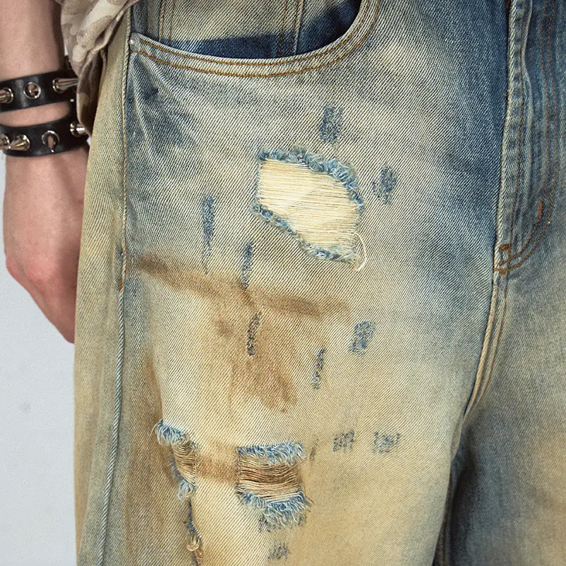 IEFB Baggy Trousers Men's Wear High Street Yellow Mud Dyed Ripped Straight Jeans Washed Retro Loose Wide Leg Denim Pants 9W3934