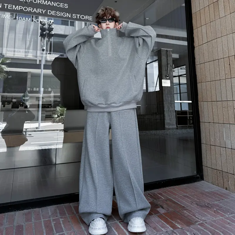 IEFB Simple Men's Two-piece Stand Collar Solid Color Half Zipper Pocket Sweatshirts Drawstring Wide Leg Loose Male Pants 9W4175