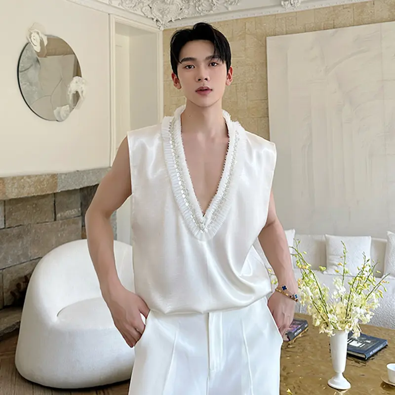 IEFB Summer New Fashion Men's Vest Court Style Beaded Flower Decorated V-Neck Sleeveless Top Solid Color Male Tank Tops 9W3643