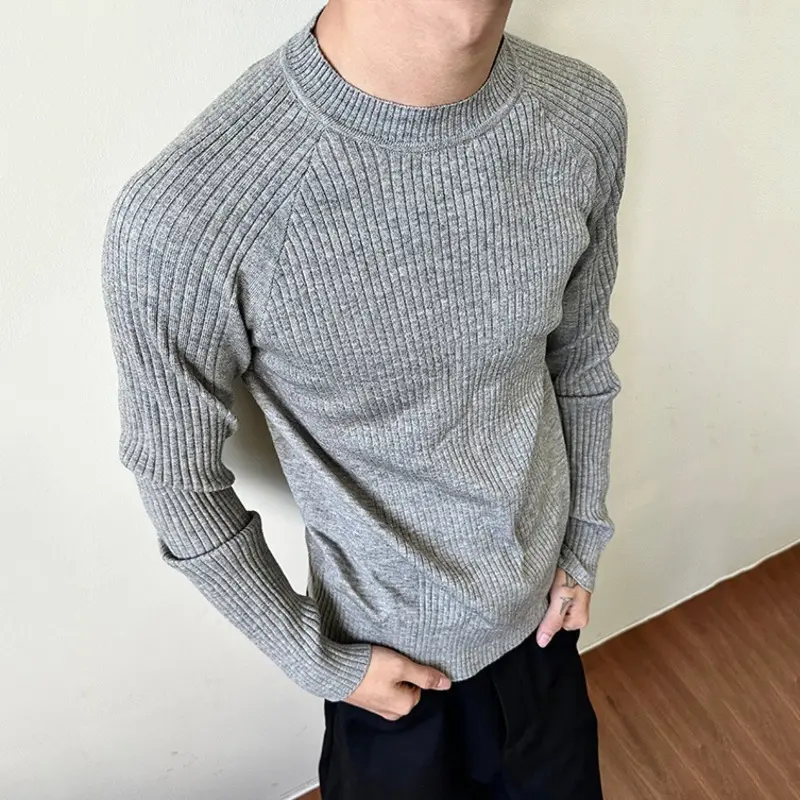 IEFB Pit Strip Design Men's Tees Long Sleeved Casual Knitting Round Collar Tops Slim Solid Color Male T-shirts Summer 9W3224