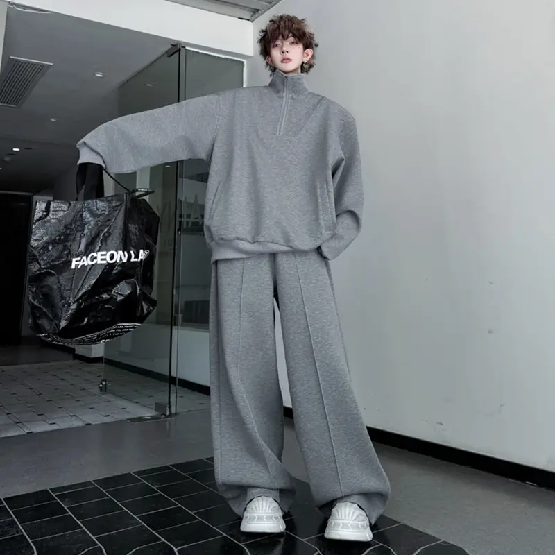 IEFB Simple Men's Two-piece Stand Collar Solid Color Half Zipper Pocket Sweatshirts Drawstring Wide Leg Loose Male Pants 9W4175
