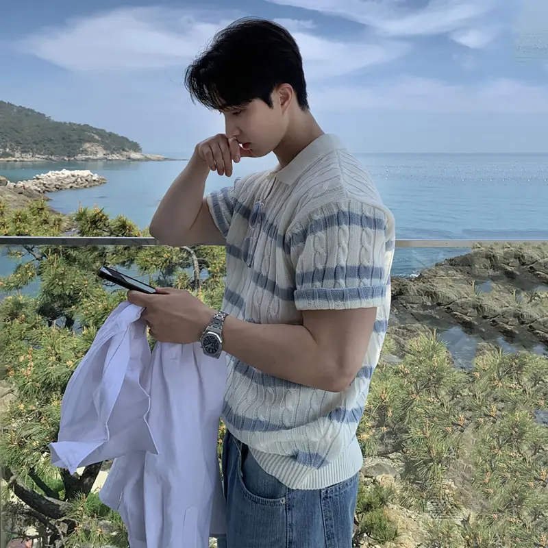IEFB Niche Design Men's Tees Lapel Striped Contrast Color Knitting Casual Short Sleeved Loose Male Ice Silk T-shirts Tide 9W4262
