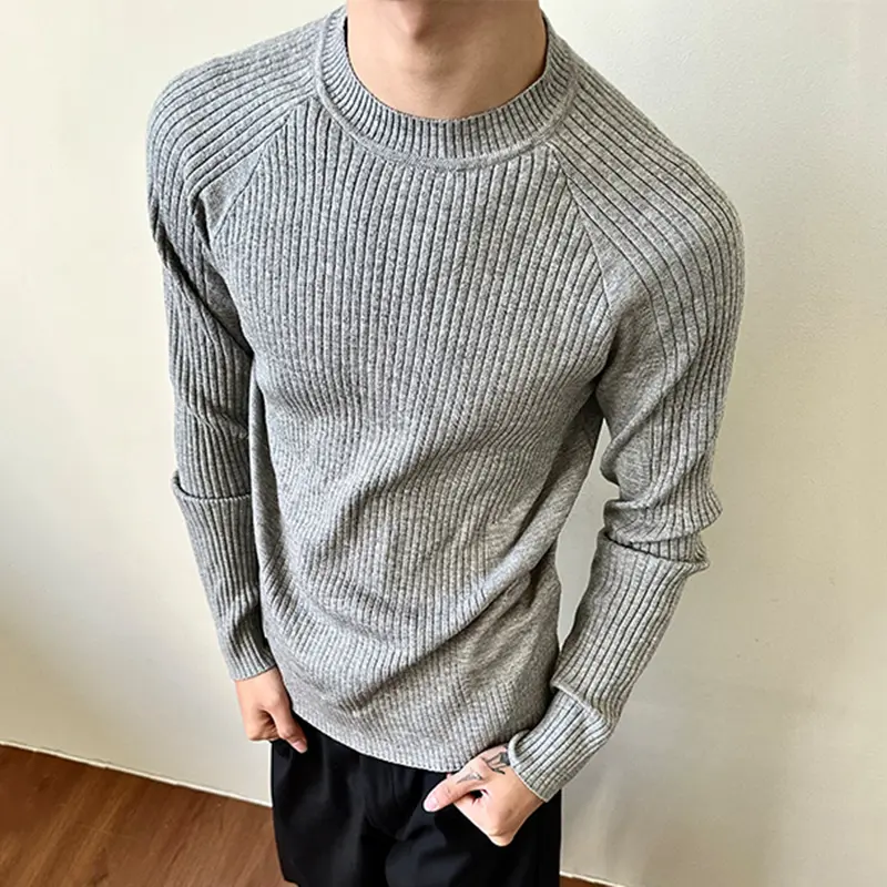 IEFB Pit Strip Design Men's Tees Long Sleeved Casual Knitting Round Collar Tops Slim Solid Color Male T-shirts Summer 9W3224