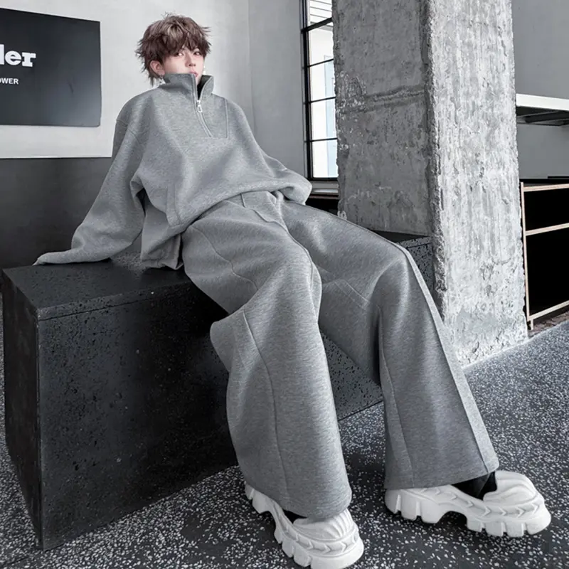 IEFB Simple Men's Two-piece Stand Collar Solid Color Half Zipper Pocket Sweatshirts Drawstring Wide Leg Loose Male Pants 9W4175