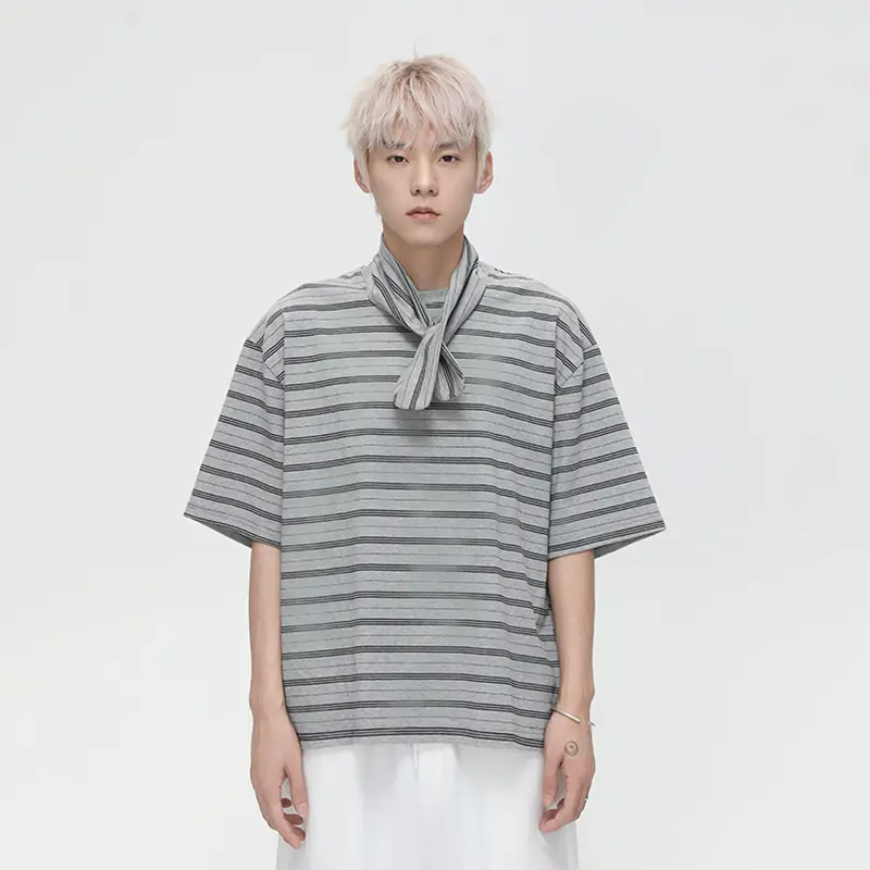 IEFB Striped Men's T-shirt Fashion Korean Style Round Collar Loose Short Sleeve T-shirt Tie Decoration Casual Male Top 9W3429