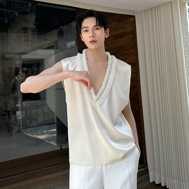 IEFB Summer New Fashion Men's Vest Court Style Beaded Flower Decorated V-Neck Sleeveless Top Solid Color Male Tank Tops 9W3643