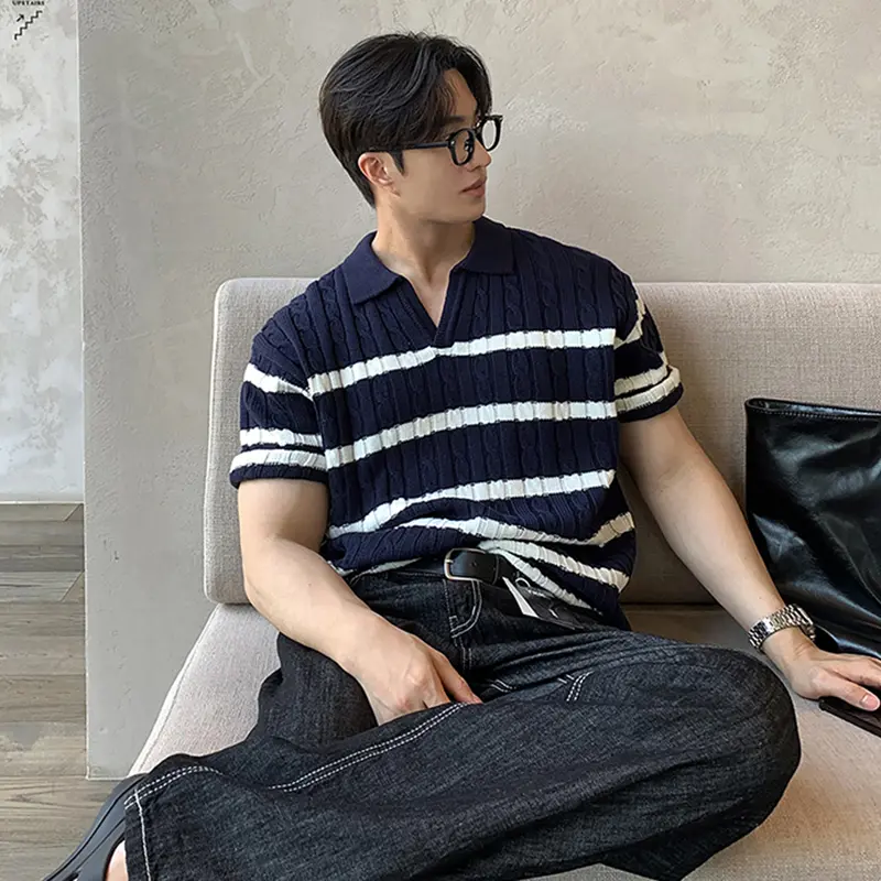 IEFB Niche Design Men's Tees Lapel Striped Contrast Color Knitting Casual Short Sleeved Loose Male Ice Silk T-shirts Tide 9W4262