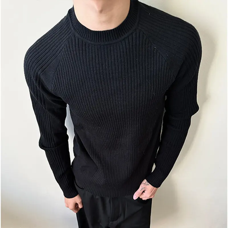 IEFB Pit Strip Design Men's Tees Long Sleeved Casual Knitting Round Collar Tops Slim Solid Color Male T-shirts Summer 9W3224