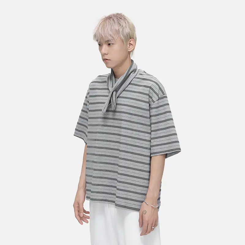 IEFB Striped Men's T-shirt Fashion Korean Style Round Collar Loose Short Sleeve T-shirt Tie Decoration Casual Male Top 9W3429