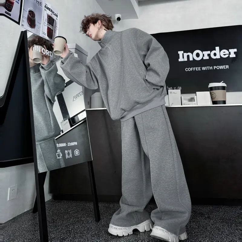 IEFB Simple Men's Two-piece Stand Collar Solid Color Half Zipper Pocket Sweatshirts Drawstring Wide Leg Loose Male Pants 9W4175