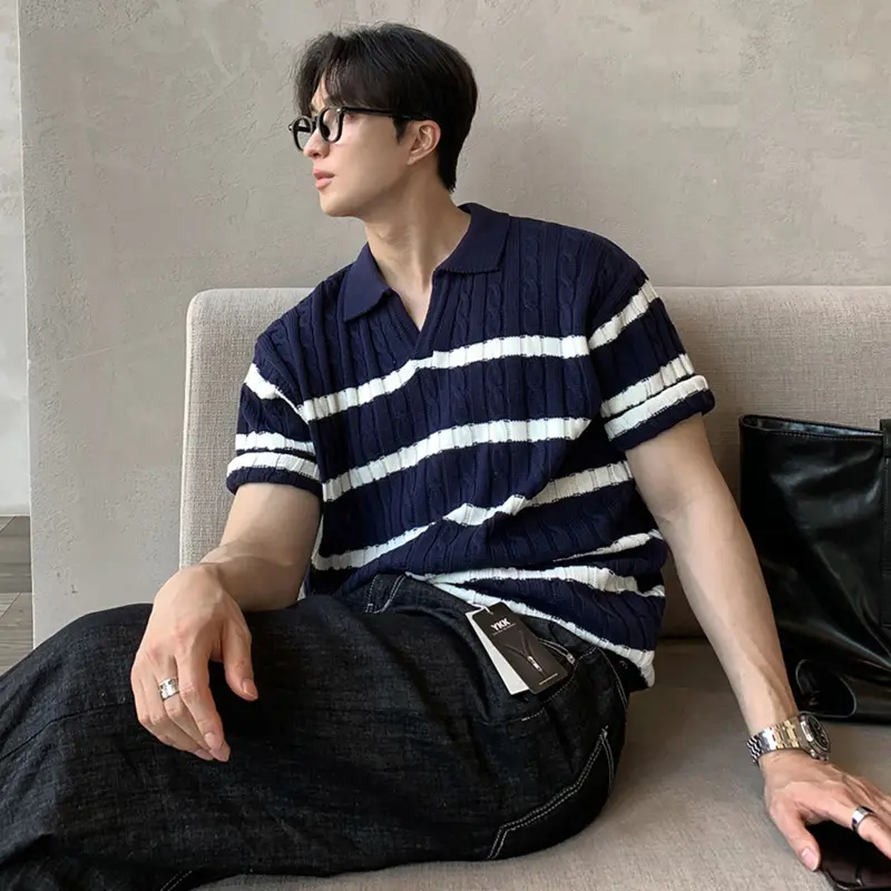 IEFB Niche Design Men's Tees Lapel Striped Contrast Color Knitting Casual Short Sleeved Loose Male Ice Silk T-shirts Tide 9W4262