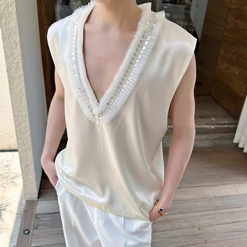 IEFB Summer New Fashion Men's Vest Court Style Beaded Flower Decorated V-Neck Sleeveless Top Solid Color Male Tank Tops 9W3643