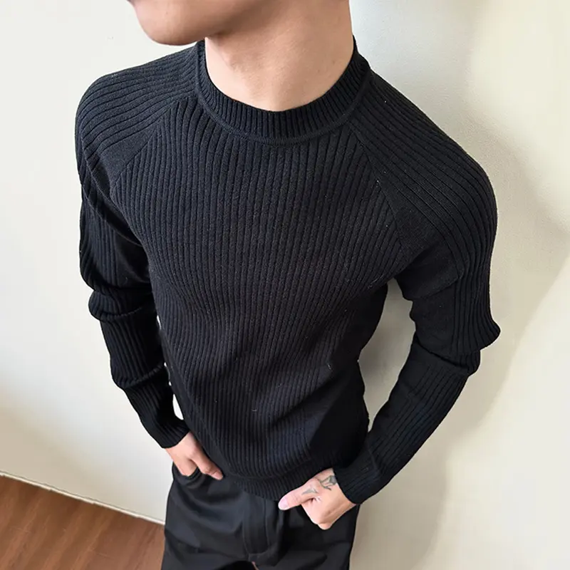 IEFB Pit Strip Design Men's Tees Long Sleeved Casual Knitting Round Collar Tops Slim Solid Color Male T-shirts Summer 9W3224