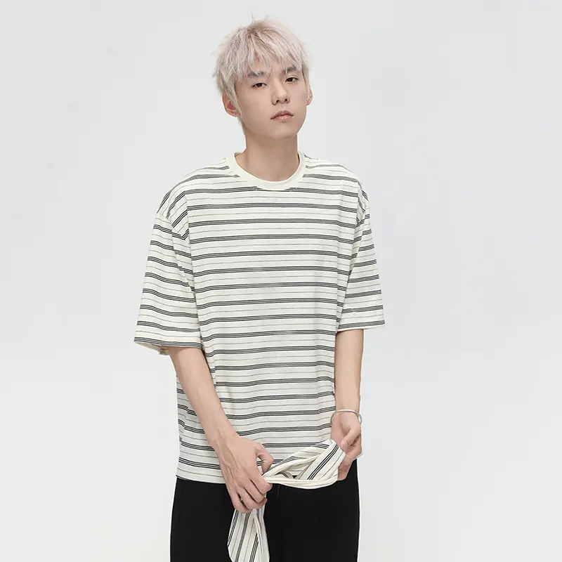 IEFB Striped Men's T-shirt Fashion Korean Style Round Collar Loose Short Sleeve T-shirt Tie Decoration Casual Male Top 9W3429
