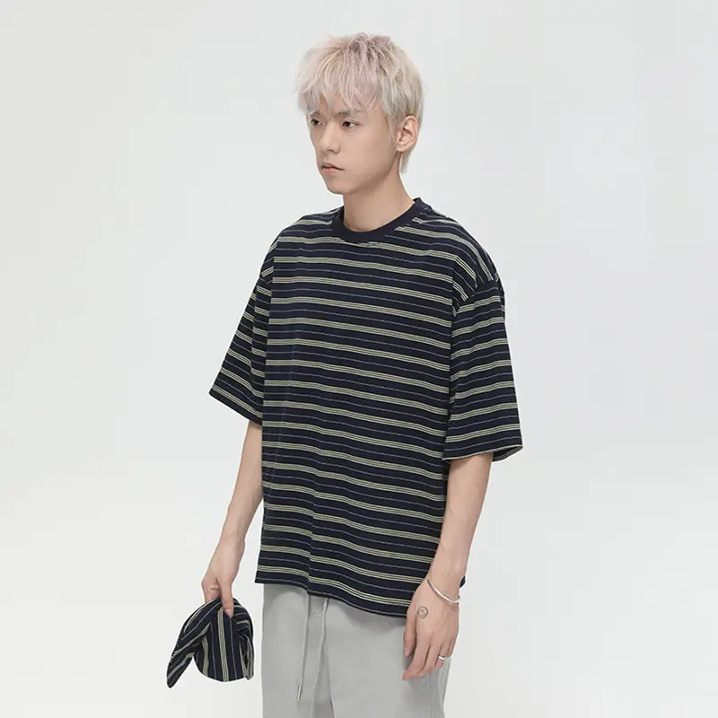 IEFB Striped Men's T-shirt Fashion Korean Style Round Collar Loose Short Sleeve T-shirt Tie Decoration Casual Male Top 9W3429