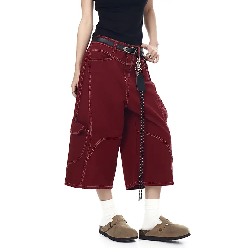 IEFB American Style Men's Cargo Trousers Solid Color Wide Leg Multi Pockets Deconstruction Line Design Male Denim Pants 9W3942