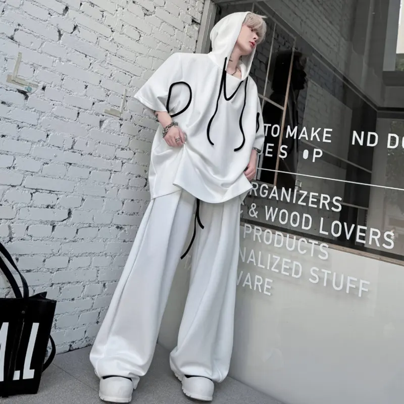 IEFB Contrast Color Men's Sets Hooded Short Sleeved Drawstring Sweatshirts Elastic Waist Loose Male Casual Pants Fashion 9W2825