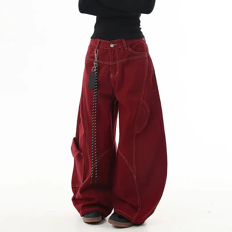 IEFB American Style Men's Cargo Trousers Solid Color Wide Leg Multi Pockets Deconstruction Line Design Male Denim Pants 9W3942