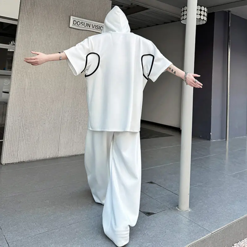 IEFB Contrast Color Men's Sets Hooded Short Sleeved Drawstring Sweatshirts Elastic Waist Loose Male Casual Pants Fashion 9W2825