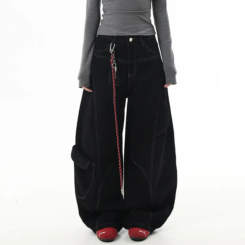 IEFB American Style Men's Cargo Trousers Solid Color Wide Leg Multi Pockets Deconstruction Line Design Male Denim Pants 9W3942