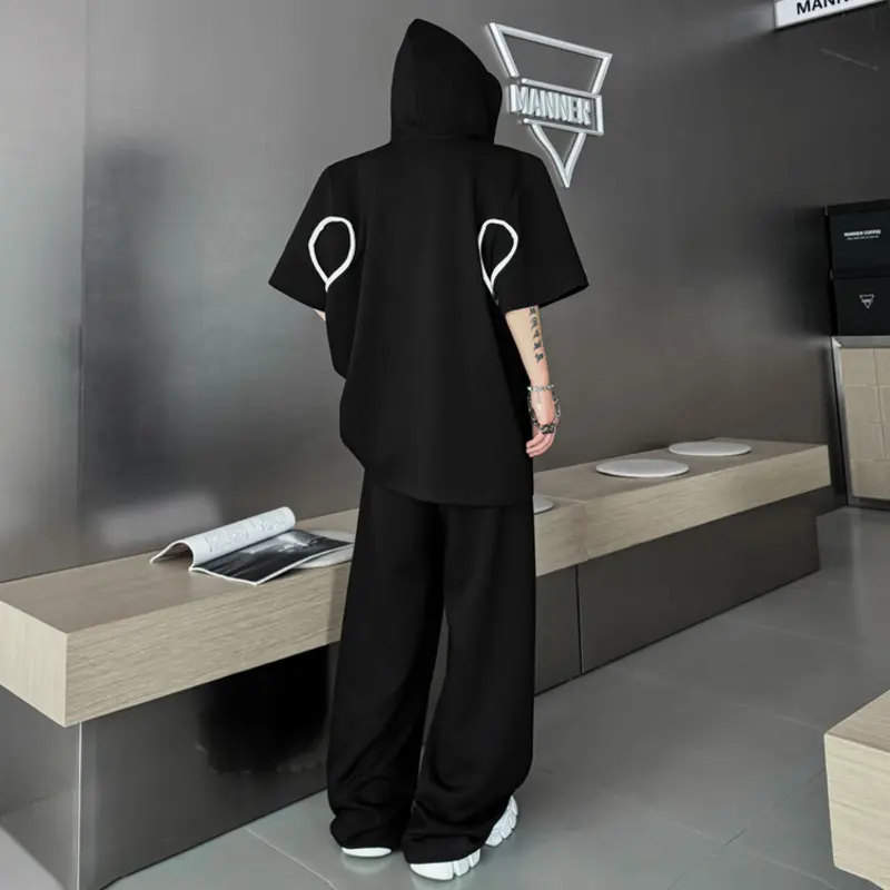 IEFB Contrast Color Men's Sets Hooded Short Sleeved Drawstring Sweatshirts Elastic Waist Loose Male Casual Pants Fashion 9W2825