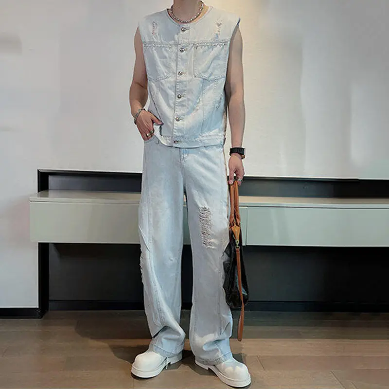 IEFB Denim Men's Sets Round Collar Solid Color Holes Design Single Breasted Sleeveless Vests Pleated Loose Male Jeans New 9W3269