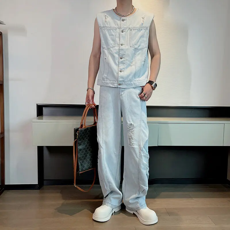 IEFB Denim Men's Sets Round Collar Solid Color Holes Design Single Breasted Sleeveless Vests Pleated Loose Male Jeans New 9W3269